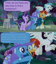 Size: 1364x1540 | Tagged: safe, edit, edited screencap, imported from derpibooru, screencap, maud pie, mudbriar, starlight glimmer, sunburst, terramar, trixie, pony, student counsel, comic, dialogue, discovery family logo, everfree forest, genre savvy, screencap comic, speech bubble