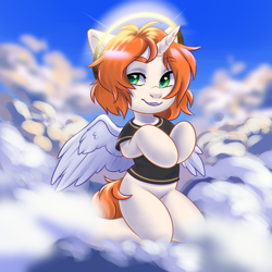 Size: 2000x2000 | Tagged: safe, artist:hollybright, imported from derpibooru, oc, oc only, oc:etoz, pony, unicorn, angel, clothes, cloud, commission, cute, fake wings, fangs, female, halo, mare, open mouth, shirt, sky, smiling, solo, t-shirt, wings, ych result