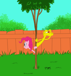 Size: 900x956 | Tagged: safe, artist:cartoon-eric, imported from derpibooru, pinkie pie, pony, salamander, fence, grass, tree