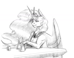 Size: 1400x1109 | Tagged: safe, artist:baron engel, imported from derpibooru, princess celestia, alicorn, pony, female, grayscale, mare, monochrome, pencil drawing, simple background, solo, story included, traditional art, white background