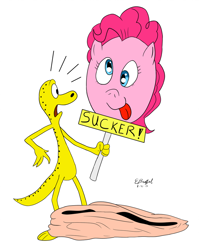 Size: 800x1006 | Tagged: safe, artist:cartoon-eric, imported from derpibooru, pinkie pie, pony, salamander, sack, sucker