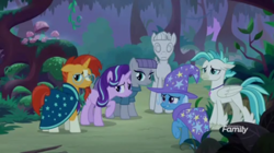 Size: 1366x766 | Tagged: safe, imported from derpibooru, screencap, maud pie, mudbriar, starlight glimmer, sunburst, terramar, trixie, pony, student counsel, everfree forest, night, scared, statue, worried