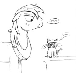 Size: 900x863 | Tagged: safe, artist:cartoon-eric, imported from derpibooru, big macintosh, cat, earth pony, pony, grayscale, grumpy cat, in memory, monochrome, nope