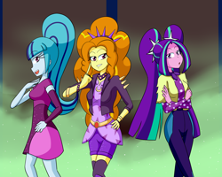 Size: 2000x1600 | Tagged: safe, artist:jake heritagu, imported from derpibooru, adagio dazzle, aria blaze, sonata dusk, equestria girls, equestria girls series, find the magic, spoiler:eqg series (season 2), bracelet, clothes, greenbutt pants, jacket, jewelry, leather jacket, pigtails, polka dots, ponytail, shorts, spiked headband, the dazzlings, twintails