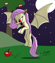 Size: 900x1032 | Tagged: safe, artist:cartoon-eric, imported from derpibooru, fluttershy, bat pony, apple, apple tree, bat ponified, flutterbat, food, moon, night, race swap, stars, tree