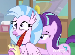 Size: 760x552 | Tagged: safe, imported from derpibooru, screencap, silverstream, starlight glimmer, student counsel, cropped, discovery family logo, duo, i need an adult, it's behind you, out of context, pushing, stranger danger