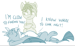 Size: 759x469 | Tagged: safe, artist:sintakhra, imported from derpibooru, gallus, sandbar, earth pony, griffon, pony, tumblr:studentsix, chest fluff, cropped, eyes closed, male, paws, sandbar is not amused, tail