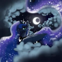 Size: 700x700 | Tagged: safe, artist:livitoza, imported from derpibooru, princess luna, alicorn, pony, cloud, crescent moon, ethereal mane, ethereal tail, female, hair over one eye, moon, night, on a cloud, prone, signature, sitting on a cloud, sitting on cloud, solo, starry mane, stars