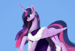 Size: 3400x2322 | Tagged: safe, artist:livitoza, imported from derpibooru, twilight sparkle, alicorn, pony, blue background, cloak, clothes, female, hoof shoes, mare, older, peytral, profile, signature, simple background, smiling, solo, twilight sparkle (alicorn)