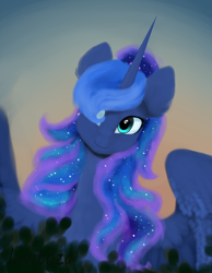 Size: 2322x3000 | Tagged: safe, artist:livitoza, imported from derpibooru, princess luna, alicorn, pony, bust, ethereal mane, female, hair over one eye, mare, portrait, signature, smiling, solo, spread wings, starry mane, wings