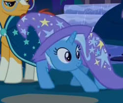 Size: 384x322 | Tagged: safe, imported from derpibooru, screencap, sunburst, trixie, pony, unicorn, student counsel, cape, clothes, cropped, female, hat, male, mare, meme origin, smiling, stallion, trixie's cape, trixie's hat