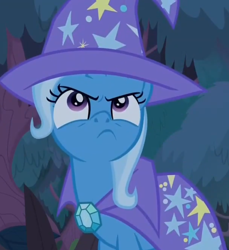 Size: 648x706 | Tagged: safe, imported from derpibooru, screencap, trixie, pony, unicorn, student counsel, angry, cape, clothes, cropped, cute, diatrixes, female, frown, hat, madorable, mare, solo