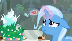 Size: 1174x672 | Tagged: safe, imported from derpibooru, screencap, trixie, pony, unicorn, student counsel, cake, cropped, cupcake, discovery family logo, equinox cake, food, glowing horn, horn, knife, magic, telekinesis