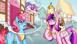 Size: 4323x2480 | Tagged: safe, artist:cha-squared, imported from derpibooru, cup cake, pound cake, princess cadance, princess flurry heart, pumpkin cake, alicorn, earth pony, pegasus, pony, unicorn, apron, art jam, bow, brother and sister, clothes, complex background, confused, crown, female, flying, jewelry, male, mother and daughter, mother and son, mother's day, regalia, siblings, sugarcube corner