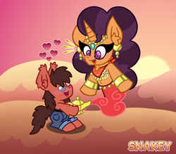 Size: 878x768 | Tagged: safe, artist:snakeythingy, imported from derpibooru, saffron masala, oc, oc:sketchy dupe, genie, genie pony, monster pony, pony, blushing, canon x oc, desert, female, heart eyes, magic lamp, male, monster mare, sketchffron, story included, straight, wingding eyes