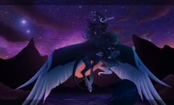 Size: 3039x1833 | Tagged: safe, artist:monogy, imported from derpibooru, oc, oc only, alicorn, pony, female, flying, mare, moon, solo, stars, twilight (astronomy), two toned wings, wings