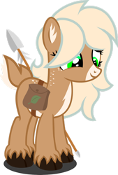 Size: 1280x1898 | Tagged: safe, artist:buckeyescozycafe, artist:fletcherthehuntress, imported from derpibooru, oc, oc only, oc:ginger laurel, deer pony, original species, female, saddle bag, simple background, solo, spear, transparent background, weapon