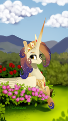 Size: 450x800 | Tagged: safe, artist:livitoza, imported from derpibooru, oc, oc only, oc:queen galaxia, alicorn, pony, 's parents, alicorn oc, celestia and luna's mother, ethereal mane, female, flower, horn, jewelry, long horn, mare, mother, peytral, prone, regalia, scenery, smiling, solo, starry mane, tiara