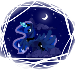 Size: 600x600 | Tagged: safe, artist:livitoza, imported from derpibooru, princess luna, alicorn, pony, abstract background, cloud, female, glowing horn, horn, jewelry, mare, moon, rearing, regalia, smiling, solo, spread wings, starry night, stars, wings