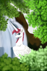 Size: 450x680 | Tagged: safe, artist:livitoza, imported from derpibooru, oc, oc only, oc:fausticorn, alicorn, pony, female, horn, leaves, long horn, looking at you, mare, ponified, smiling, solo, waterfall