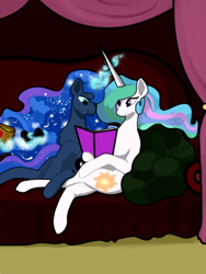 Size: 450x600 | Tagged: safe, artist:livitoza, imported from derpibooru, princess celestia, princess luna, alicorn, pony, gamer luna, book, chips, controller, couch, curtain, curtains, duo, eating, ethereal mane, female, food, glowing horn, horn, horns are touching, long horn, magic, mare, missing accessory, pillow, reading, siblings, sisters, sitting, smiling, starry mane, telekinesis