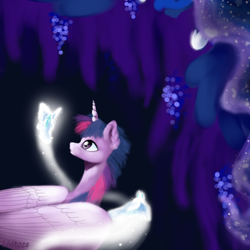 Size: 700x700 | Tagged: safe, artist:livitoza, imported from derpibooru, princess luna, twilight sparkle, alicorn, pony, abstract background, duo, dusk shine, ethereal mane, female, magic, male, mare, rule 63, stallion, starry mane, twilight sparkle (alicorn)