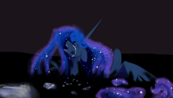 Size: 4128x2322 | Tagged: safe, artist:livitoza, imported from derpibooru, princess luna, alicorn, pony, abstract background, crying, ethereal mane, eyes closed, female, floppy ears, mare, missing accessory, open mouth, shadow, solo, starry mane, surreal