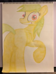 Size: 4032x3024 | Tagged: safe, imported from derpibooru, rainbow dash, pegasus, pony, rarity investigates, behind, butt, colored pencil drawing, eye, eyes, female, green hair, hooves, legs, plot, raised hoof, smiling, solo, tail, traditional art