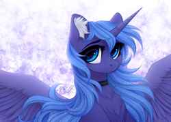 Size: 2450x1750 | Tagged: dead source, safe, artist:vird-gi, imported from derpibooru, princess luna, alicorn, pony, bust, chest fluff, choker, colored ear fluff, cute, ear fluff, female, looking at you, lunabetes, mare, portrait, s1 luna, solo, spread wings, wings