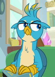 Size: 518x720 | Tagged: safe, imported from derpibooru, screencap, gallus, griffon, student counsel, :c, >:c, book, chest fluff, claws, cropped, frown, gallus is not amused, grumpy, male, solo