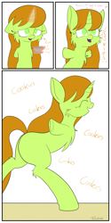 Size: 3000x6000 | Tagged: safe, artist:fajnyziomal, imported from derpibooru, oc, oc only, oc:świstek#1, plant pony, pony, unicorn, comic:świstek, amputee, armless, bipedal, butt, cheek fluff, chest fluff, comic, cup, engrish, eyes closed, glowing horn, horn, levitation, magic, offscreen character, plot, shoulder fluff, solo, stump, teacup, telekinesis