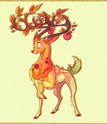 Size: 1852x2156 | Tagged: safe, artist:marbola, imported from derpibooru, the great seedling, elk, going to seed, antlers, apple, eyes closed, food, male