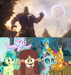 Size: 864x912 | Tagged: safe, edit, edited screencap, editor:mega-poneo, imported from derpibooru, screencap, gallus, ocellus, sandbar, silverstream, smolder, yona, yak, school daze, avengers: infinity war, comparison, crossover, infinity gauntlet, magic, meme, moon, scared, student six, telekinesis, thanos