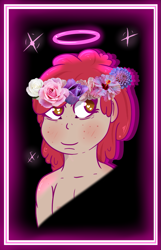 Size: 643x1000 | Tagged: safe, artist:lazerblues, imported from derpibooru, oc, oc only, oc:pear, satyr, blushing, floral head wreath, flower, offspring, parent:apple bloom, solo