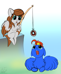 Size: 2612x3150 | Tagged: safe, artist:airfly-pony, imported from derpibooru, oc, oc:scarlett drop, oc:wing hurricane, pegasus, pony, chibi, cute, donut, female, fishing rod, food, mare, rcf community, shipping