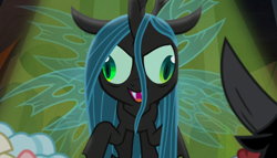 Size: 1400x800 | Tagged: safe, edit, edited screencap, imported from derpibooru, screencap, cozy glow, lord tirek, queen chrysalis, changeling, changeling queen, pegasus, pony, frenemies (episode), crazylis, derp, female, filly, former queen chrysalis, male