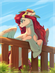 Size: 1195x1574 | Tagged: safe, artist:kerydarling, artist:rrusha, imported from derpibooru, oc, oc only, pegasus, pony, bow, female, fence, field, hat, mare, outdoors, smiling, solo, spread wings, wings