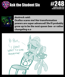 Size: 800x952 | Tagged: safe, artist:sintakhra, imported from derpibooru, ocellus, changedling, changeling, tumblr:studentsix, chair, crying, fake cutie mark, female, flying, good intentions gone wrong, post-it, roleplay in the comments, sad, solo