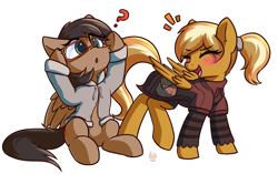 Size: 3550x2229 | Tagged: safe, artist:rivibaes, imported from derpibooru, oc, oc only, oc:coffee creme, oc:quillwright, pegasus, pony, blushing, clothes, clothes swap, female, glasses, hoodie, mare, not mareota, ponytail, scribe robe, sitting, steel ranger scribe