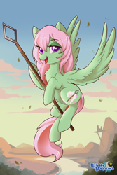 Size: 2000x3000 | Tagged: safe, artist:xwhitedreamsx, imported from derpibooru, oc, oc only, oc:spectral wind, pegasus, pony, female, flying, high res, lidded eyes, mare, open mouth, scenery, solo, spear, weapon