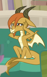 Size: 289x467 | Tagged: safe, imported from derpibooru, screencap, ocellus, dragon, student counsel, cropped, disguise, disguised changeling, dragon ocellus, dragonellus, dragoness, female, hands on head, sitting, solo