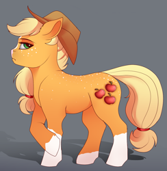 Size: 1281x1315 | Tagged: safe, artist:evehly, imported from derpibooru, applejack, earth pony, pony, alternate design, applejack's hat, blaze (coat marking), coat markings, cowboy hat, cropped, cute, facial markings, female, freckles, gradient background, hat, looking at you, mare, profile, socks (coat marking), socks (coat markings), solo