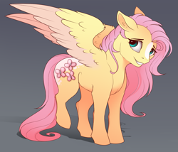 Size: 1299x1110 | Tagged: safe, artist:evehly, imported from derpibooru, fluttershy, pegasus, pony, alternate design, blaze (coat marking), coat markings, colored wings, cropped, cute, facial markings, female, floppy ears, gradient background, looking at you, mare, shy, shyabetes, smiling, solo, spread wings, wings