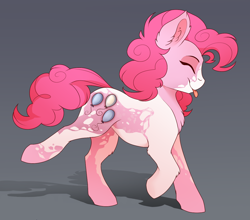 Size: 1368x1203 | Tagged: safe, artist:evehly, imported from derpibooru, pinkie pie, earth pony, pony, :p, alternate design, chest fluff, coat markings, cropped, cute, diapinkes, ear fluff, eyes closed, female, gradient background, gray background, leg fluff, mare, pinto, ponk, profile, simple background, smiling, solo, tongue out