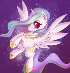 Size: 1524x1587 | Tagged: safe, artist:autumnvoyage, imported from derpibooru, princess celestia, alicorn, pony, abstract background, cute, cutelestia, ear fluff, female, flying, jewelry, mare, regalia, smiling, solo, spread wings, sweet dreams fuel, windswept mane, wings