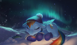 Size: 4000x2360 | Tagged: safe, artist:foxvanity, imported from derpibooru, rainbow dash, tank, pegasus, pony, aurora borealis, book, cute, dashabetes, female, hat, mare, mittens, night, prone, reading, sleeping, snow, snowfall, solo, winter, winter outfit