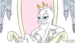 Size: 1184x678 | Tagged: safe, artist:foudubulbe, imported from derpibooru, gallus, griffon, bugs bunny, chest fluff, crossed legs, king, king gallus, lidded eyes, male, smiling, smug, solo, throne, zero fucks given