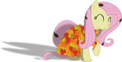 Size: 4000x2051 | Tagged: safe, artist:albert238391, imported from derpibooru, fluttershy, pegasus, pony, autumn, beautiful, clothes, cute, dress, eyes closed, female, leaves, mare, raised hoof, shadow, shyabetes, simple background, smiling, solo, transparent background, vector