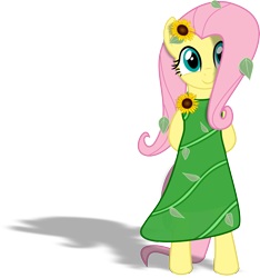 Size: 3611x3862 | Tagged: safe, artist:albert238391, imported from derpibooru, fluttershy, pegasus, pony, beautiful, bipedal, clothes, cute, dress, female, flower, flower in hair, hooves behind back, leaves, mare, shadow, shyabetes, simple background, smiling, standing, sunflower, transparent background, vector