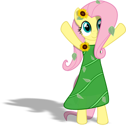 Size: 3860x3862 | Tagged: safe, artist:albert238391, imported from derpibooru, fluttershy, pegasus, pony, beautiful, bipedal, clothes, cute, dress, female, flower, flower in hair, hooves in air, leaves, mare, shadow, shyabetes, simple background, smiling, solo, standing, sunflower, transparent background, vector